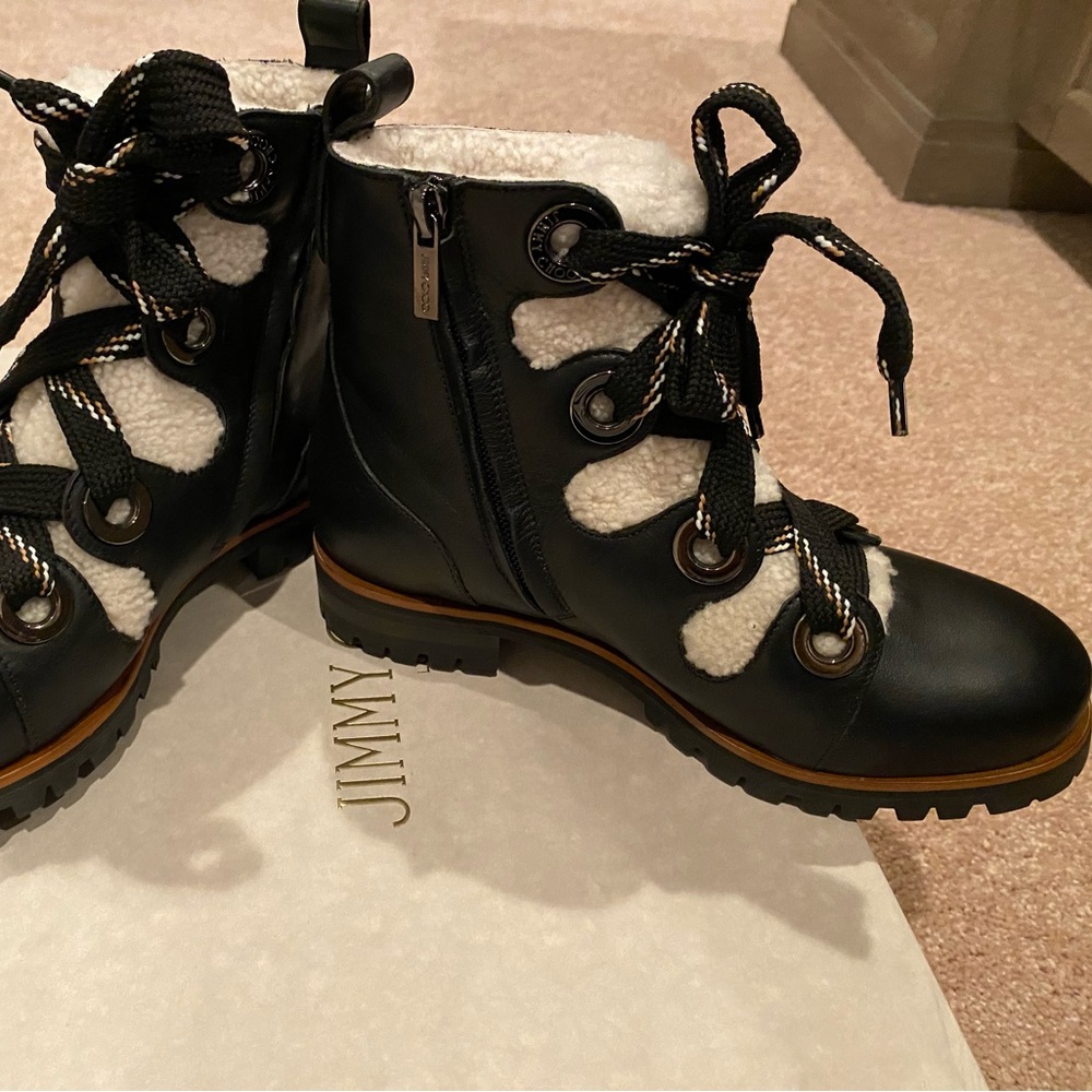 Jimmy Choo Bei Flat Boot black latte leather w/ shearling Sz 36.5 EUC!